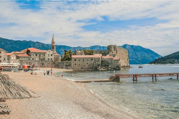 The old town of Budva, Montenegro, near sandy beach and sea