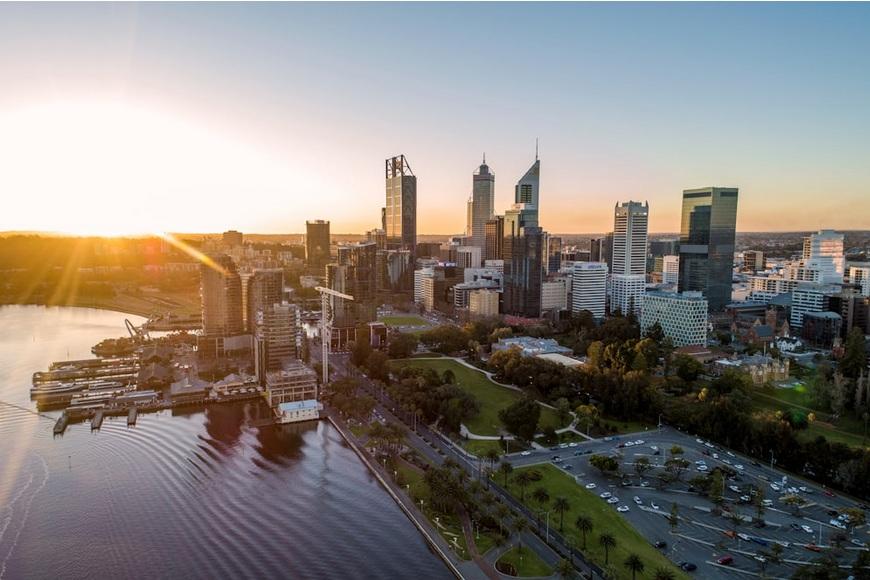 City buildings on the water during daytime in Perth, Australia.